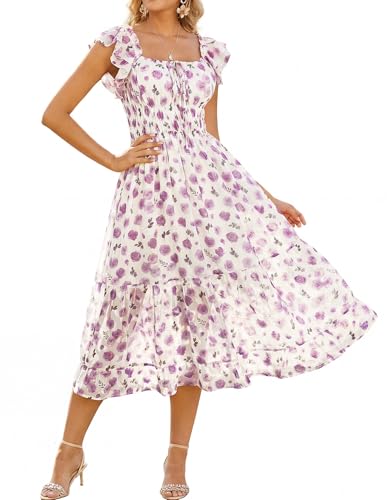 Image of GRACE KARIN 2026 Women's Spring Floral Midi Dress Square Neck Beach Wedding Guest Dresses Flowy A Line Casual Summer Clothes