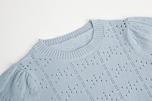 Klousilover Girls Blouse Tops Fall Casual Puff Sleeve Crew Neck Sweaters Solid Hollow Out Knit Pullover Jumper Tops A-Blue #TOP6