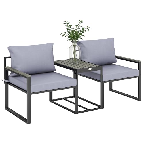 Outsunny Salon de Jardin 3 pièces - Ensemble de Jardin avec Coussins 14cm et accoudoirs en Composite Bois-Plastique : mobilier de Balcon avec 2 fauteuils et...