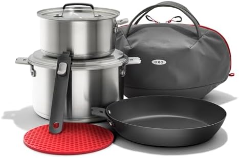 OXO Outdoor 8 Piece Camping Cookware Set, 10" Pre-Seasoned Carbon...