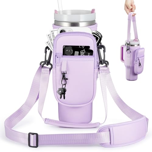 Image of 30oz Water Bottle Carrier Bag with Phone Pocket for Purple Stanley 30 oz Tumbler with Handle, Purple Insulated Neoprene Cup Holder Pouch Strap for Orchid Stanley Cup Accessories