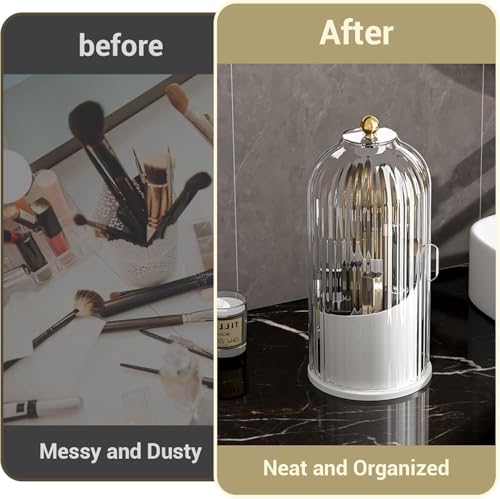 Image of DecorTwist 360 Rotating Makeup Brush Holder with Lid, Dustproof & Waterproof Transparent Cosmetic Organizer for Vanity, Dressing Table | Gift for Valentine, Anniversary, Birthday