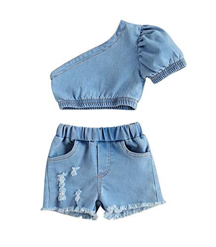 Summer Fashion Baby Girls Clothes Sets Blue Denim One Shoulder Short Sleeve T Shirts Shorts Trousers (Blue, 12-18 Months)