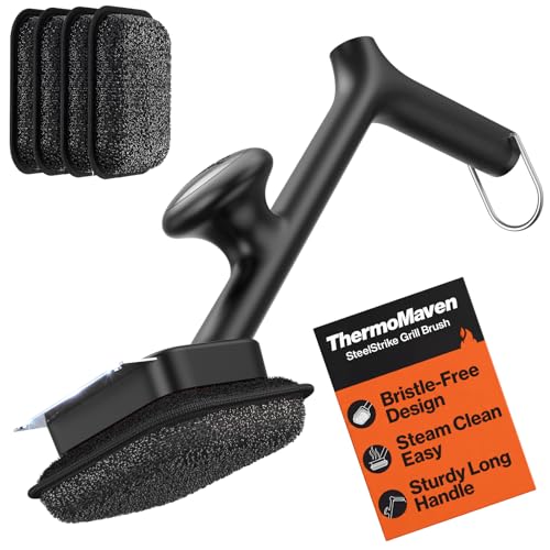 Image of ThermoMaven BBQ Grill Brush Bristle Free - 17 inch Safe Steam Grill Cleaner Brush with Scraper and 5 Brush Heads for Porcelain /Gas /Charcoal Grill Outdoor Grill Barbecue Cleaner