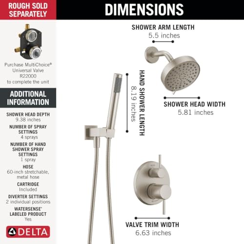 Image of Delta Modern Round Shower System Faucet Set, Brushed Nickel 6-inch Shower Head and Handle Set, Valve Trim Kit, SpotShield Stainless T342704-SP (Valve Not Included)
