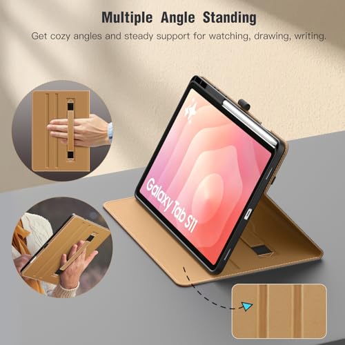Image of MoKo Case for Samsug Galaxy Tab S11 2025 11-Inch with S Pen Holder, PU Leather Multi-Angle Stand Case for Galaxy Tab S11 5G (SM-X730 /SM-X736B) with Hand Strap, Pocket, Auto Wake /Sleep, Grey & Brown