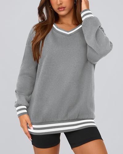 PRETTYGARDEN Women's Oversized Sweatshirts Casual Long Sleeve Stripes Knit V Neck Pullover Top Spring Preppy Clothes(Light Grey,Large) — view 3