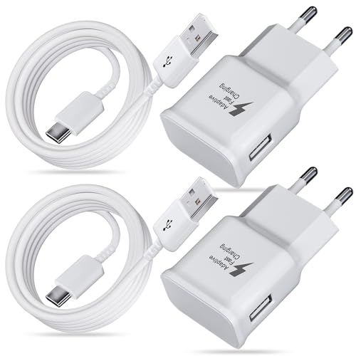 2-Pack Caricatore Compatibile con Samsung A54 A52S A53 A33 A14 S21 S20 FE S10 S9 S8 Plus Z Flip3 Z Fold3 M53 5G Caricabatterie AFC Sostituzione Originale EP-TA20EWE con Cavo Tipo-C 2M