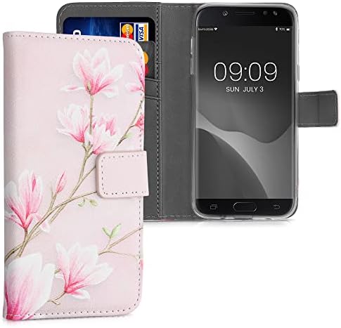 kwmobile Wallet Case Compatible with Samsung Galaxy J5 (2017) DUOS - Case Faux Leather Cover - Magnolias Pink/White/Dusty Pink