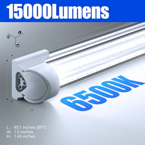Image of Barrina T8 LED Shop Lights 8FT, 100W 15000LM 6500K, 10 Pack, High Output | 8 Foot for Garage Workshop and Workbench Use, Easy Clip Ceiling Mount, Linkable to 3, V Shape, Aluminum, Clear Cover
