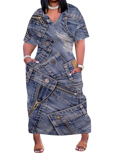 Image of SUZONANA Plus Size Denim Print Maxi Dresses for Women Casual V Neck Short Sleeve with Pockets Soft Jean Look Dress XL-6XL