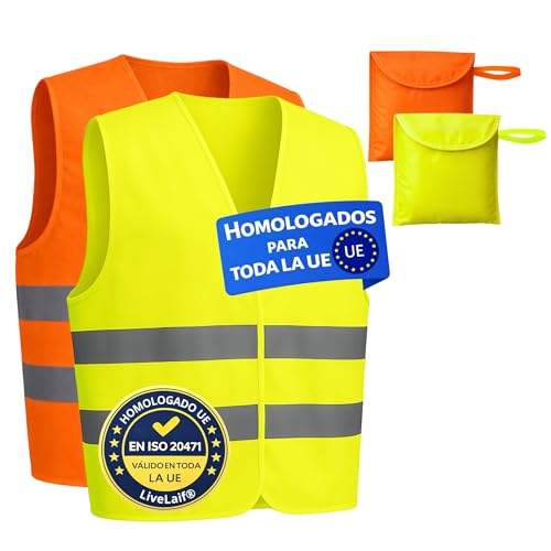 LiveLaif®- 2 Chaleco Reflectante Homologado + 2 Bolsas | Amarillo+Naranja, TallaUnica, Unisex | Chaleco Coche Homologado DGT | Chaleco Running, Chaleco Trabajo, Chaleco Reflectante Moto (2, Mix)