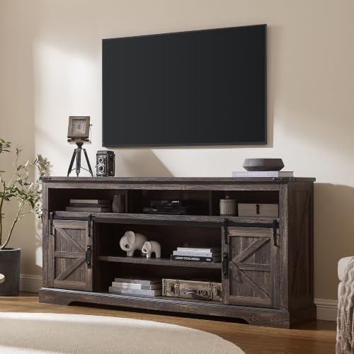 OKD 70″ Farmhouse TV Stand for TVs up to 80″, Dark Rustic Oak | 33″ Tall, Rustic Entertainment Center, Sliding Barn Door, Large Open Storage Shelf, 2 Storage Cabinets, Living Room, Bedroom