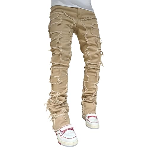 Men's Slim Fit Denim Pants Stacked Frayed Straight Leg Jeans Stretch Distressed Skinny Patchwork Trousers