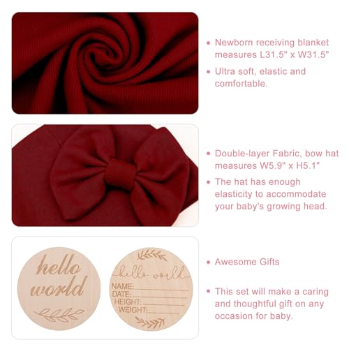 Image of AQOKKA Newborn Receiving Blanket with Bow Hat Mittens Wooden Card Set Newborns Toddler Baby Boy Girl Nursery Swaddle Wrap