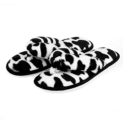 Onmygogo Indoor Slippers for Women Open Toe with Memory Foam, Soft Faux Fur Nonslip House Slippers 5.5-6.5 Cow Print