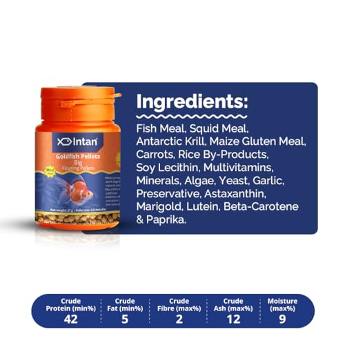 Image of Intan Goldfish Pellets Fish Food | Big Floating Pellets for Fish | Daily Nutrition Fish Feed for Health & Growth | Mini Pack 27 Gm Each, Pellet Size - 2.5 mm Dia, Pack of 2,All Life Stages