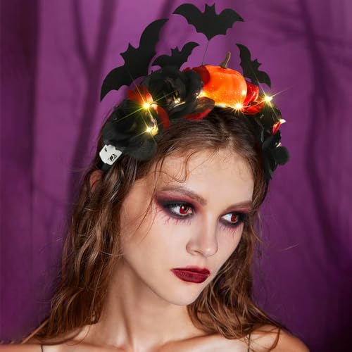 Evlry LED-Halloween-Blumenkrone, Stirnband, beleuchtet, Kürbis-Kopfschmuck, Tag der Toten, Kopfbedeckung, schwarze Fledermäuse, Kranz, Haargirlande für Frauen