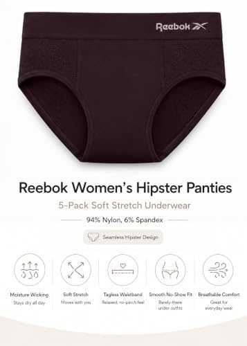 Image of Reebok Womens Hipster Panties 5 Pack Soft Stretch Underwear for Women | Moisture wicking hipster briefs with a tagless relaxed waistband Soft stretch fabric with a smooth, barely-there fit all day.