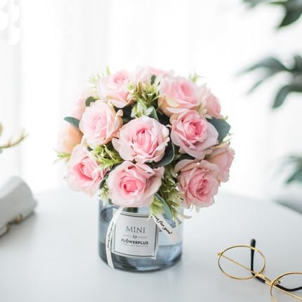 Miniatura 7 de Sunnyskar - Juego de flores artificiales pequeñas, arreglos de macetas de Ikebana, arreglos florales de mesa, flores falsas y jarrón (color N)