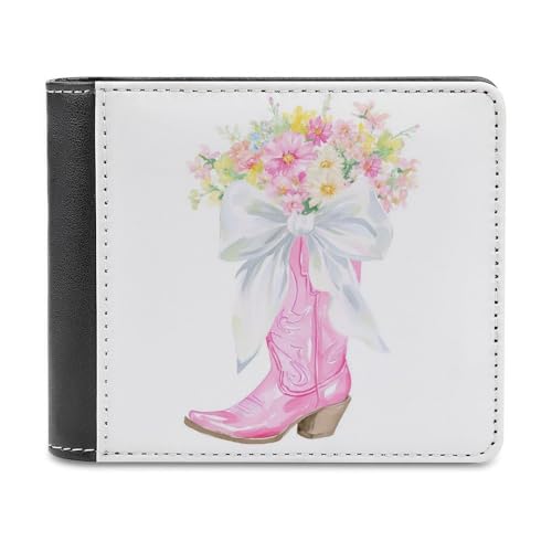 Pink Cowgirl Boot Flowers White Bow Soft PU Leather Bifold Wallet, Coin Purse Credit Pass Case, Durable Card-Holder Slim Billfold for Men Woman Money Storage