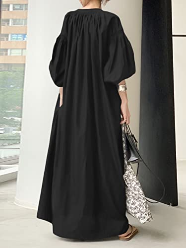 Zanzea Women's Lantern Sleeve V Neck Pleated Casual Loose Shirts Long Maxi Dress Party Night Black-046 X-Large #TOP3