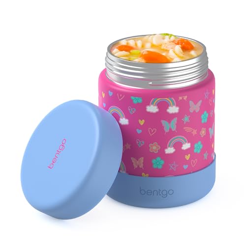 Bentgo Kids Stainless Steel Food Jar - 11oz Leak-Proof Double Insulated Hot or Cold Food Container with Removable Silicone Bumper Dishwasher Safe Easy Open Lid Ages 3+ (Rainbows and Butterflies)