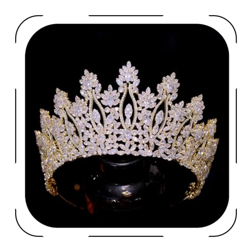 FASNAHOK Luxury Tall Pageant Queen Crowns for Women Coronas Para 15 Anos Quinceaneras Large Cubic Zirconia Wedding Tiaras Big Bridal Hair Accessories Gift Gold