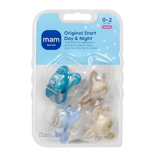 MAM Original Start Day & Night Schnuller | 0-2 Monate | Babyschnuller für Neugeborene | 94% Akzeptanz | stillfreundlich | von 100% der Hebammen empfohlen | SkinSoft Silikon | blue | 4 Stück