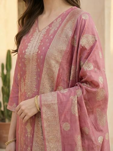 Image of INDO ERA Women's Purple Silk Blend Woven Design Straight Kurta and Pant with Dupatta Set (IESTR5599)