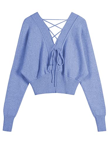 Image of ZAFUL Women V Neck Button Knit Crop Sweaters Batwing Sleeve V Back Ribbed Hem Pullover Sweater