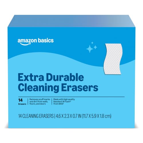 Amazon Basics Extra Durable Cleaning Erasers, Removes Scuff Marks and Dirt from Walls, Floors and Doors, 1 Box of 14