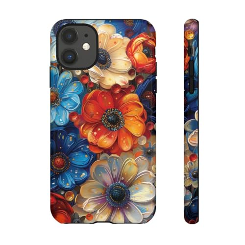 Coque rigide brillante iPhone 11 bleu au design floral abstrait haut de gamme