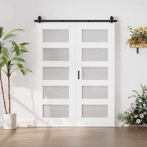 Image of 60 inchx80 inch White 5-Lites Frosted Glass Bifold Barn Door Slab and 64 inch Track Kit