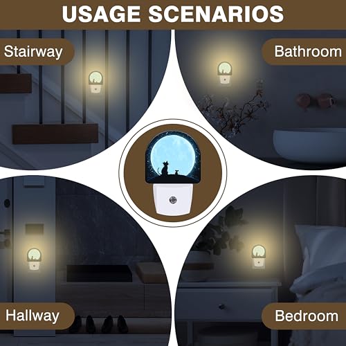 Image of Night Light, Cat and Mouse Sit on Moon Night Lights Plug into Wall Dusk to Dawn Sensor Round Nightlight for Women Men Energy Efficient Led Lamp 0.5W for Stairway Hallway Bedroom