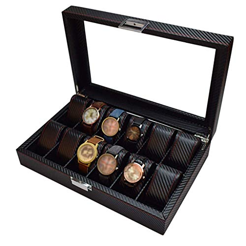 Uhrenbox mit 12 Fächern, Karbonfaser, mit Lass Top, Schmuckschatulle, für Armbanduhren
