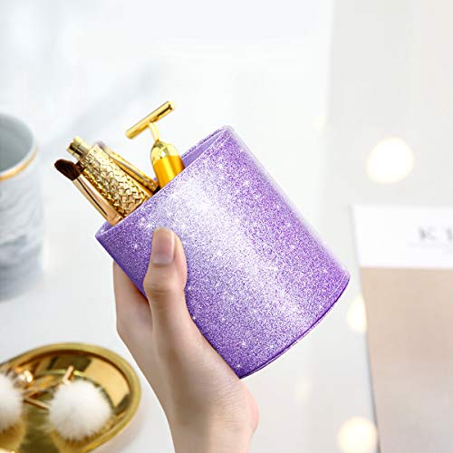 Image of Pen Holder for Women Girls, Pencil Cup Desk Glitter Sturdy Makeup Brush Holder Large Pu Leather Luxury Multi-Functional Organizer Cup for Office, Classroom, Home, Purple