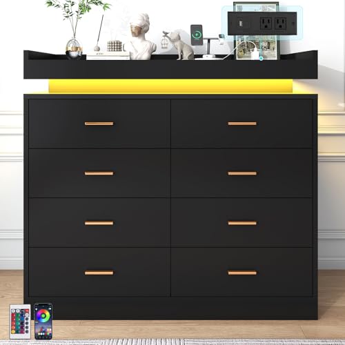 Image of jiteentarou 8 Drawer Dresser with Charging Station and LED Lights, Modern Chest of Drawers with Power Outlet, Organizer Cabinet for Bedroom, Living Room, Black