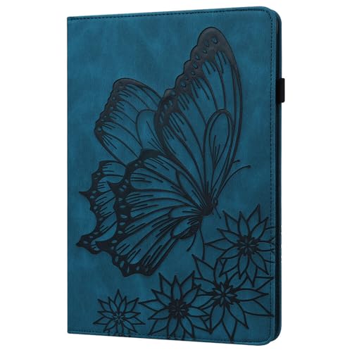 Étui iPad Pro 12.9 2021 bleu en cuir gaufré de papillons avec rabat