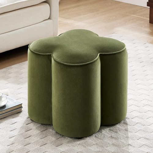 Image of Zesthouse Flower Pouf Ottoman Foot Rest, Velvet Fabric Poofy Ottoman Footstool for Couch, Modern Living Room Stool Seat, Cute Square Vanity Stool for Bedroom Dorm, Green