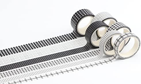 LGEGE 6 Rolls Grid Washi Tape Set,20/15/10 mm Wide, Black & White Plaid Texture, Masking Tape Décor for Scrapbook, DIY Craft, Scrapbooking Supplies, Gift Wrapping, Journal, Planners