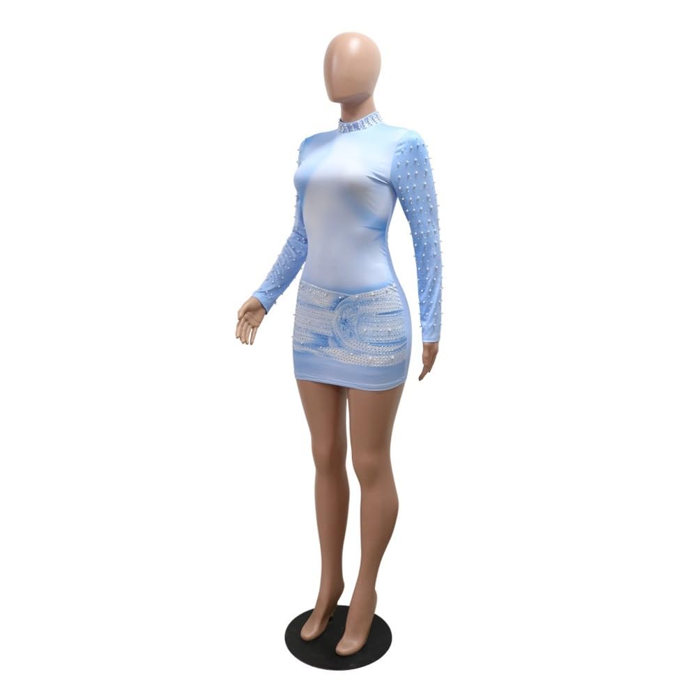 Vestito A Tubino Aderente Stampato alla Moda da Donna, Sexy, Piccolo Dolcevita, Maniche Lunghe, Perle Impreziosite, Mini Abiti Attillati