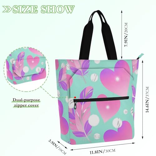 Children's Book Tote Bag for Kids Boys Girls, Pink Purple Heart Feather Lightweight Teacher Tote Bags Shoulder Bag with Zipper for School and Playtime2