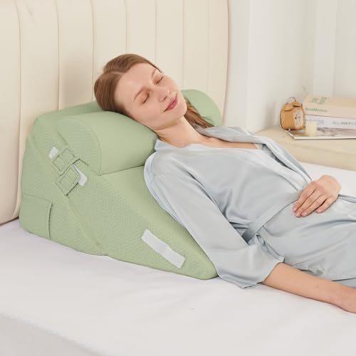 Image of Sasttie Wedge Pillow Set for After Surgery, 2PCS Adjustable Bed Wedge Pillow Headboard with Memory Foam Neck Cushion - for Acid Reflux, Sleeping, Neck & Back Support, Sage
