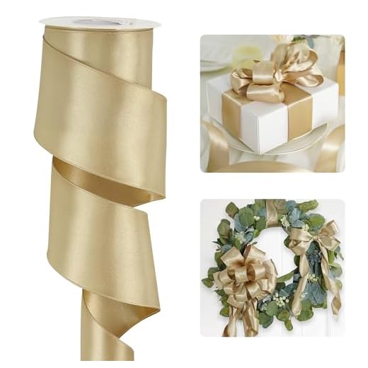 HUIHUANG Champagne Satin Wired Ribbon 2.5 inch Champagne Gold Wire Edge Ribbon for Wreaths, Garland, Bows, Gift Wrapping, Wedding Decorations, Home Decor, Christmas Tree-Continous 10 Yards