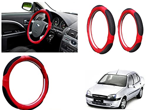 Image of Microfiber Car Steering Wheel Cover, Soft Padding Great Hand Feel, Anti-Slip, Faux Leather Steering Cover for Ford Ikon | Black Red Jali - Pack of 1