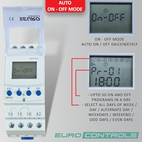 Image of EuroControls EDTE1 Timer - Weekly and Pulse programmable Timer- 50 On and Off Programs - Replaceable Battery - Back lit Display - Automatic time Relay /Switch - 16A TUV Certified Relay - 1 c /o 240vAC