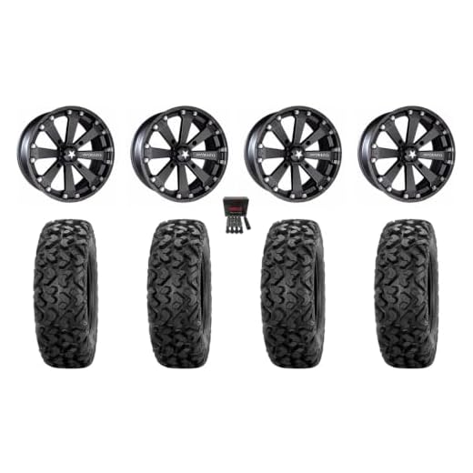 Bundle - 9 Items: MSA Black Kore 14" ATV Wheels 26" Rip Saw Tires [4x156 Bolt Pattern 3/8x24 Lug Kit]