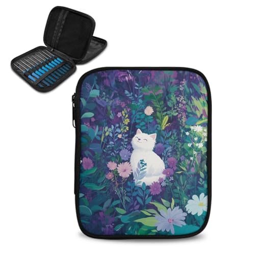 Image of Cute Kitten Crochet Hook Case Flower Knitting Needle Storage with Web Pockets for Home Park Hand Washable Parents Gifts Holiday