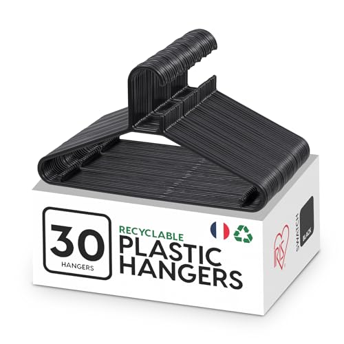 Iris Ohyama - Iris Ohyama, Cintre, Cintres plastique, Fabriqué en france, 39 cm, Lot de 30 cintres, Cintre gain de place, CHM-39, Noir, Hangers, Cintre pantalons, Chemises, Manteaux, Robes, Résistants